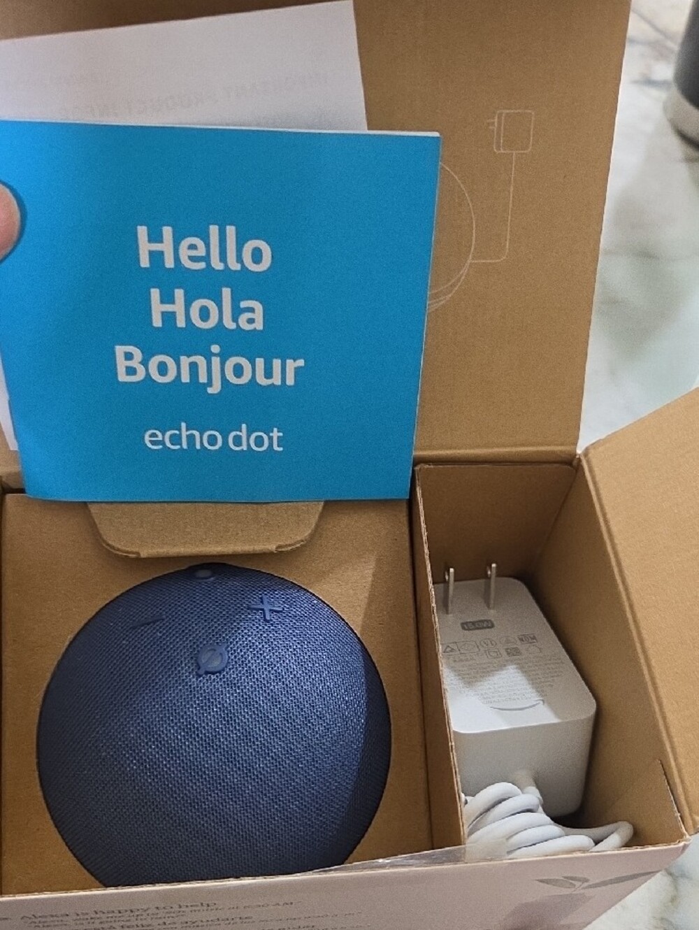 Amazon Echo Dot Smart Speaker in Bright Blue Packaging with Dark Navy Device - Picture 2 of 4